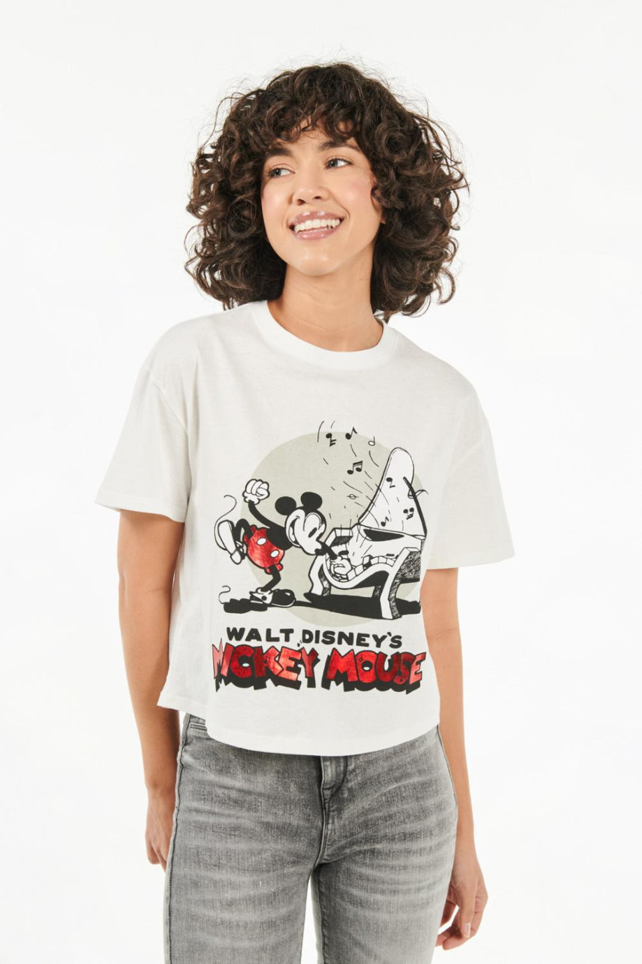 Camiseta crema clara oversize con manga corta y estampado de Mickey