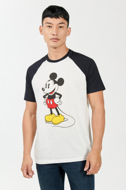 Camiseta crema clara con estampado de Mickey y manga ranglan corta