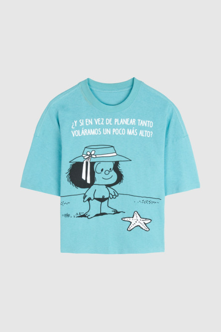 Camiseta manga corta azul verde con estampado de Mafalda