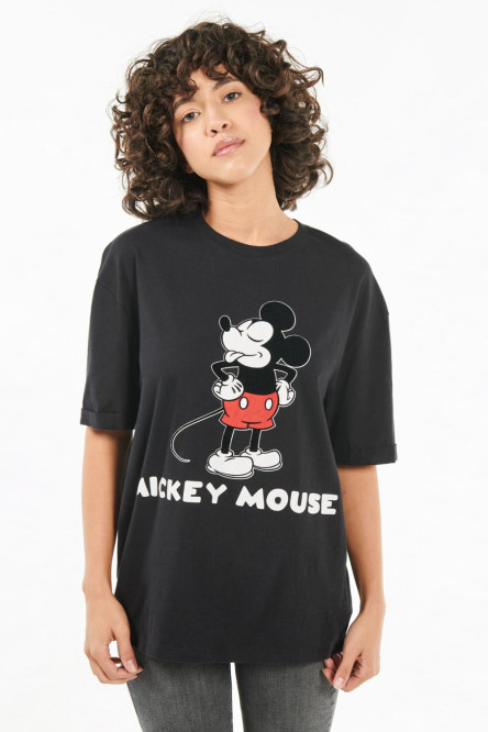 Camiseta negra con estampado de Mickey y cuello redondo