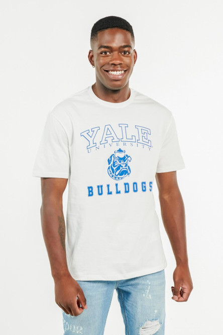 Camiseta cuello redondo crema clara con estampado azul de Yale