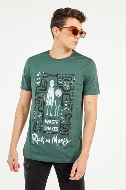 Camiseta verde oscura manga corta con estampado de Rick & Morty