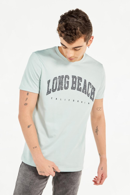 Camiseta verde clara con estampado de Long Beach y manga corta