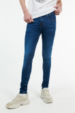 Jean súper skinny azul oscuro tiro bajo con costuras amarillas