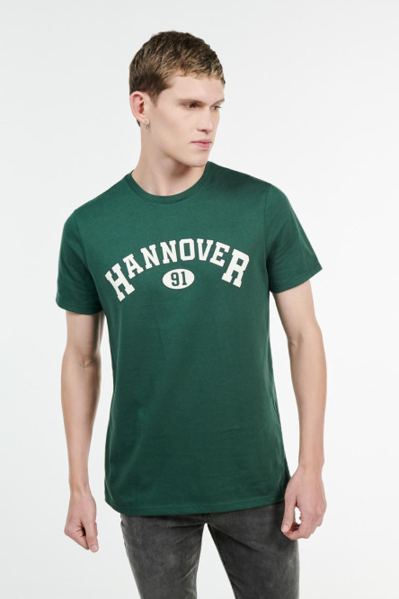 Camiseta cuello redondo verde oscura con estampado blanco de Hannover