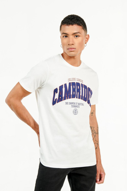 Camiseta crema clara con estampado de Cambridge y cuello redondo