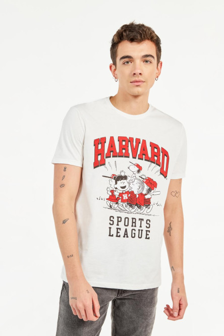 Camiseta crema clara manga corta con estampado de Snoopy & Harvard