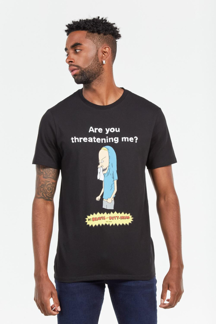 Camiseta negra con estampado de Beavis & Butthead y cuello redondo