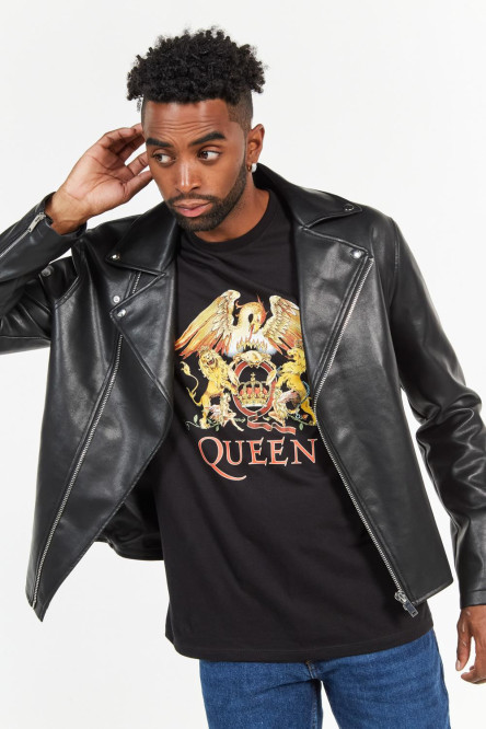 Camiseta negra manga corta con estampado de Queen en frente