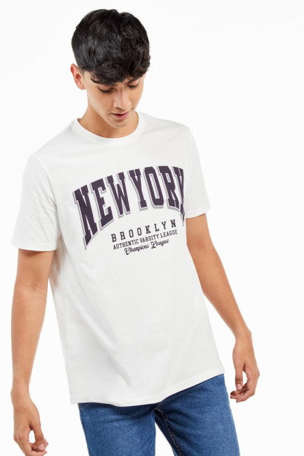 Camiseta unicolor manga corta con estampado college de letras