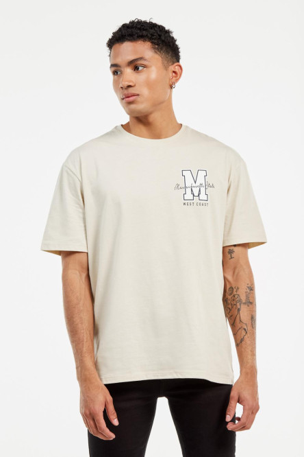 Camiseta oversize kaky clara con estampados college y cuello redondo