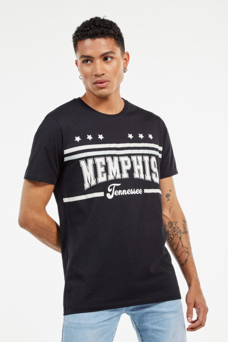 Camiseta azul intensa con estampado blanco de Memphis y cuello redondo