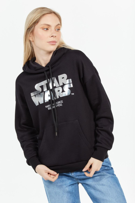 Buzo con capota negro para mujer con estampado Starwars.