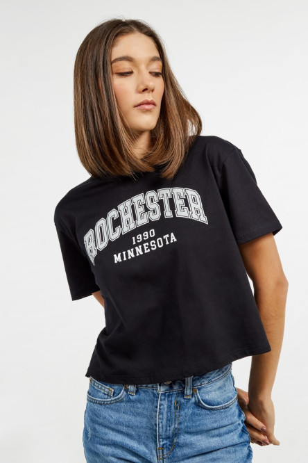 Camiseta azul intensa crop top con cuello redondo y estampado de Rochester