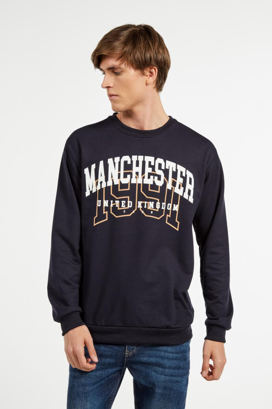 Buzo cuello redondo azul intenso con estampado college de Manchester