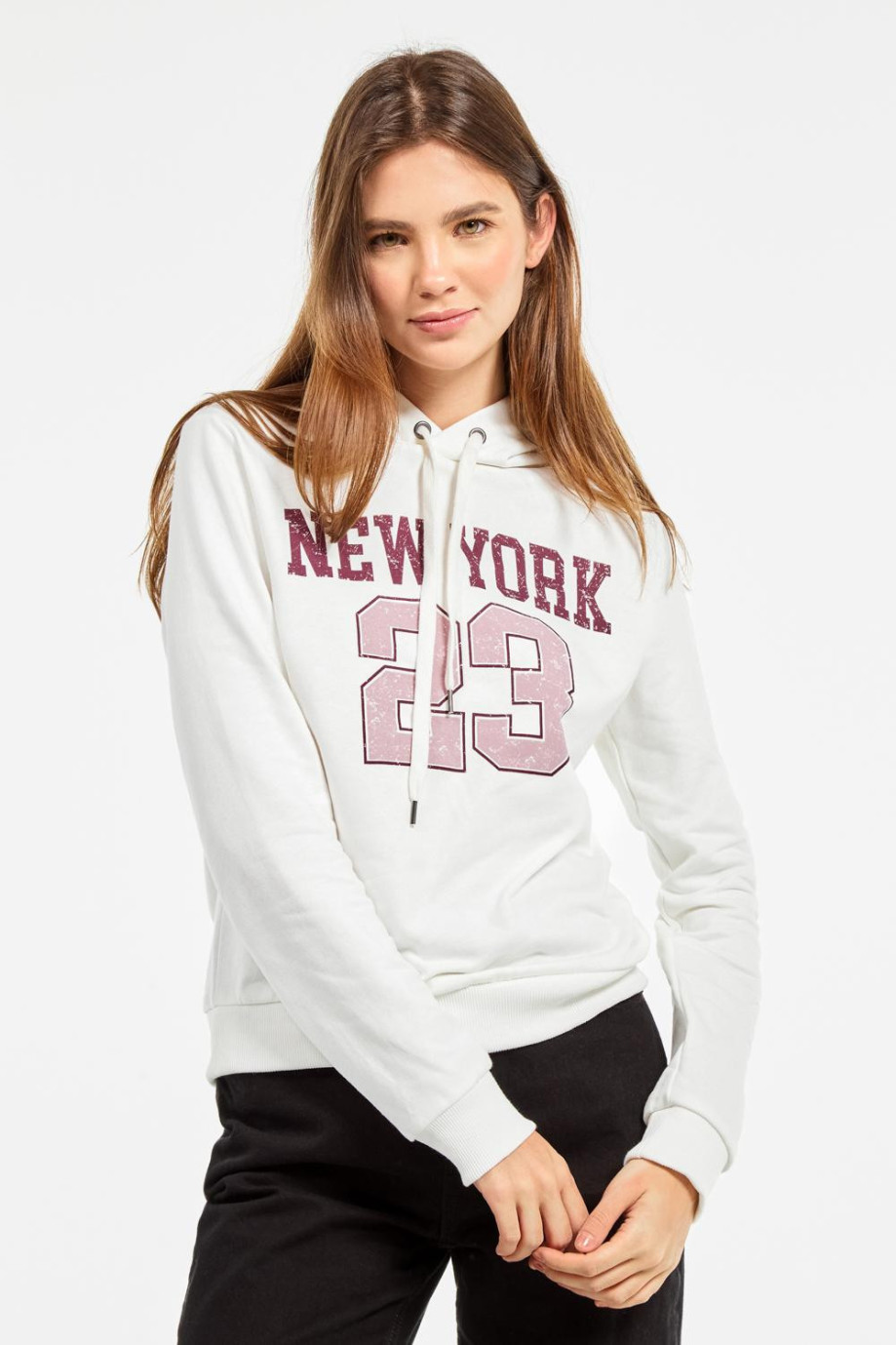 Buzo con capota crema claro con diseño college lila de New York