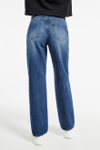 Jean 90´S azul oscuro con tiro alto, bota ancha y costuras cafés