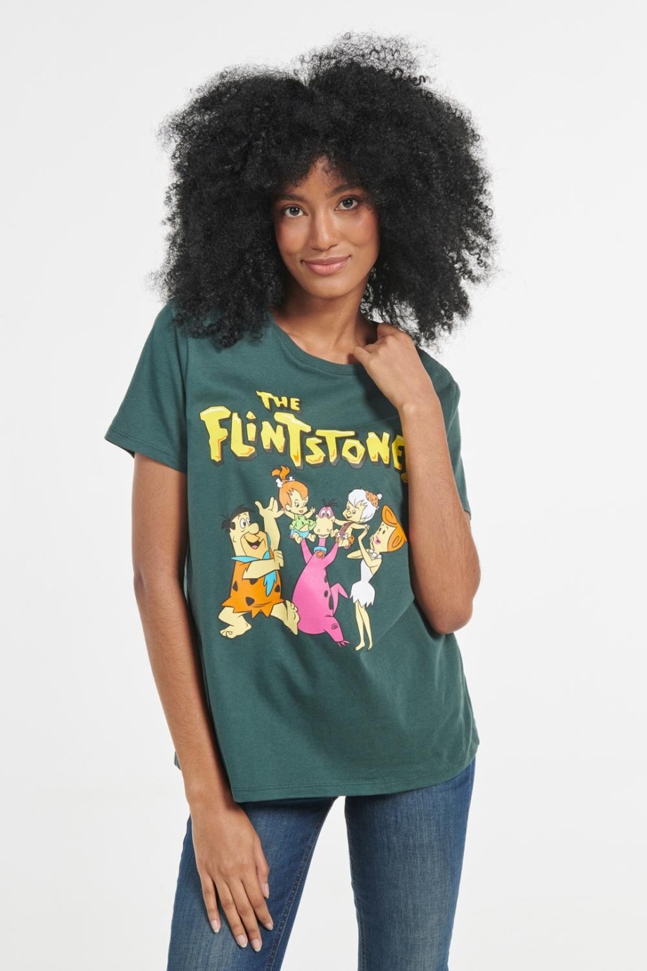 Camiseta manga corta verde oscura con diseño en frente de Los Picapiedra
