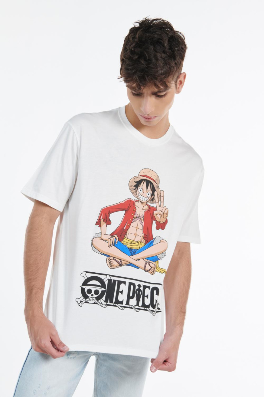 Camiseta manga corta crema clara con estampado de One Piece