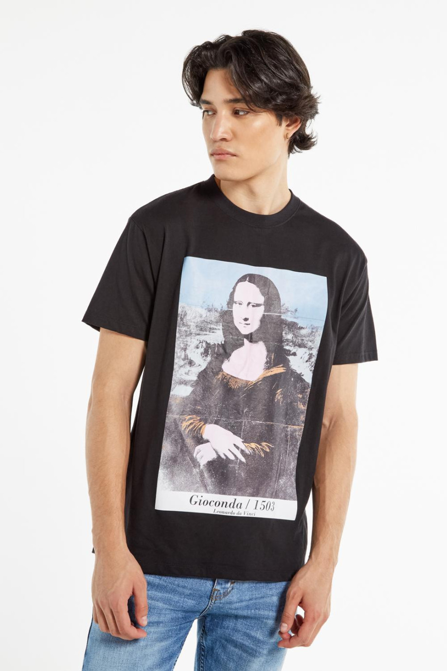 Camiseta negra con estampado de Mona Lisa y manga corta