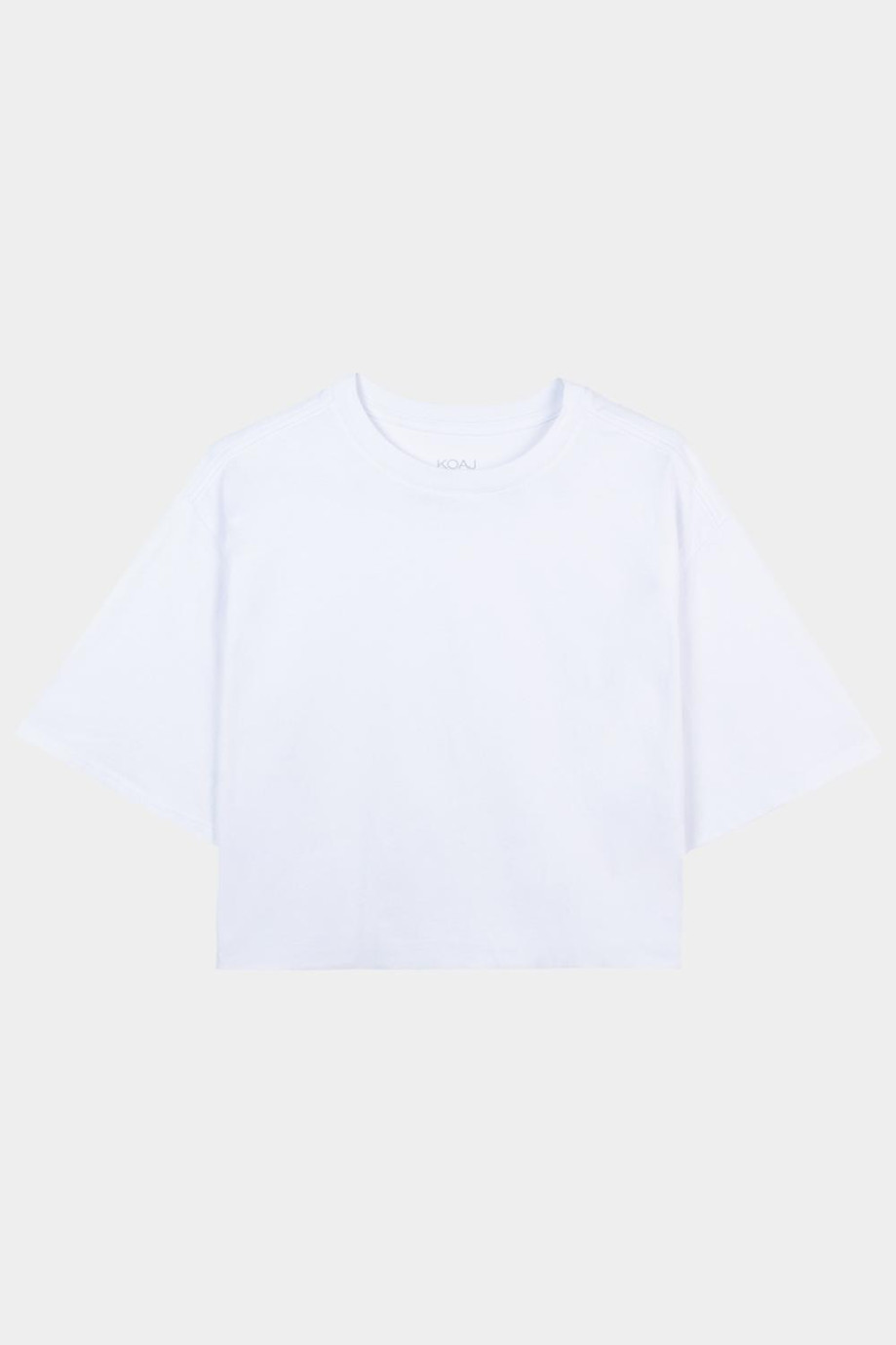 Camiseta crop top oversize unicolor con manga corta y hombro caído