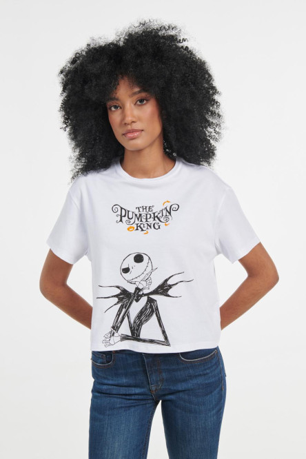 Camiseta blanca crop top con diseño del extraño mundo de Jack en frente