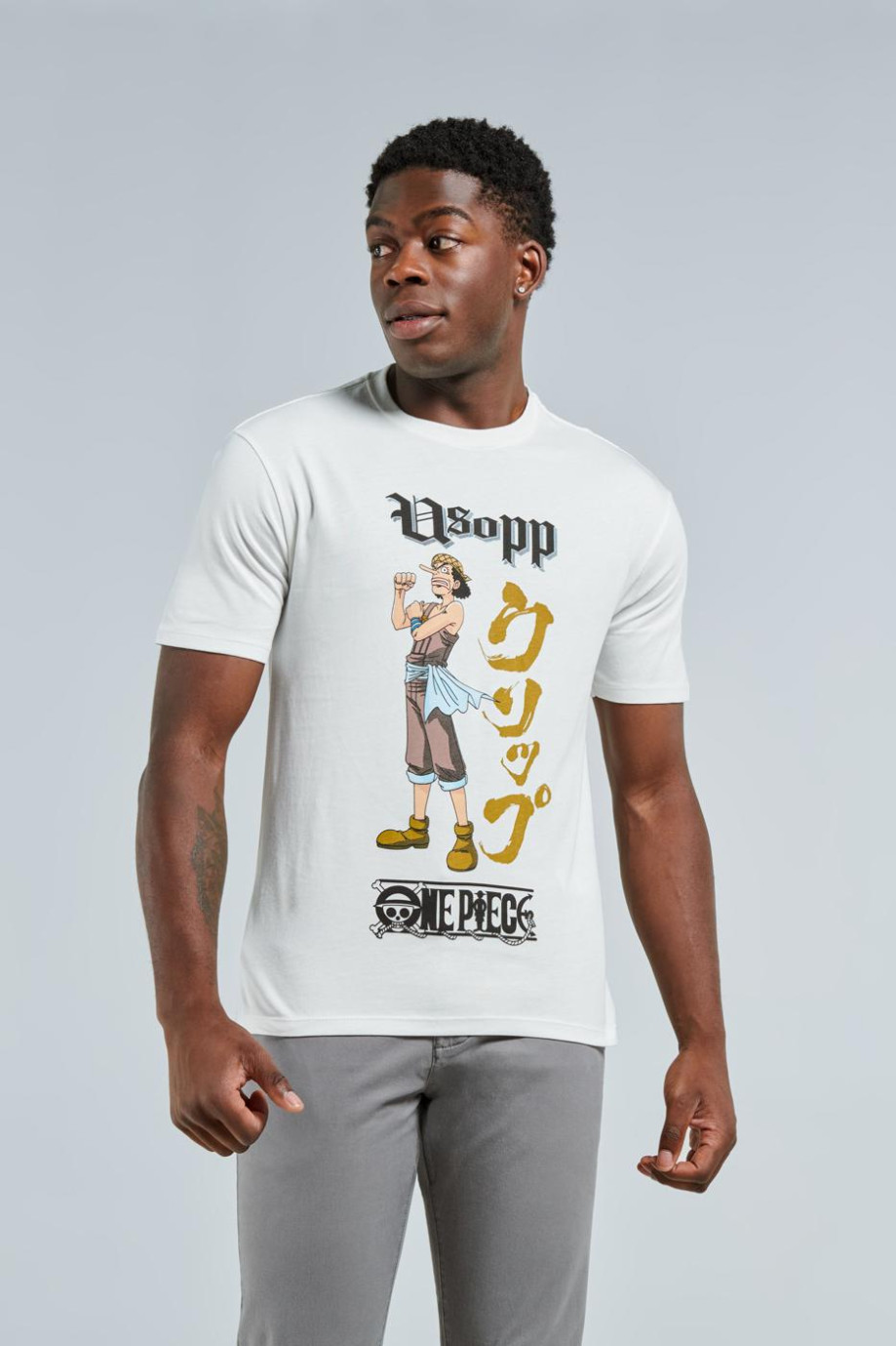 Camiseta manga corta crema clara con estampado de One Piece en frente