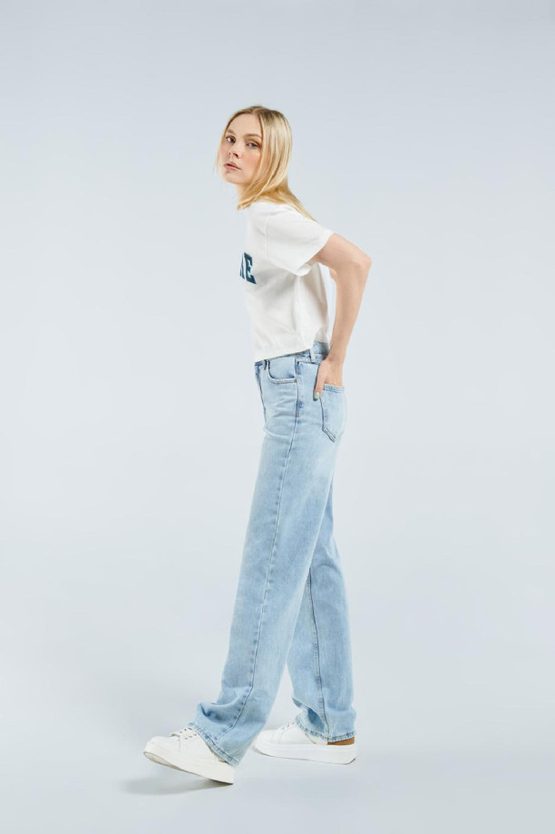 Jeans Bota Ancha Wide Leg Azul Rotos