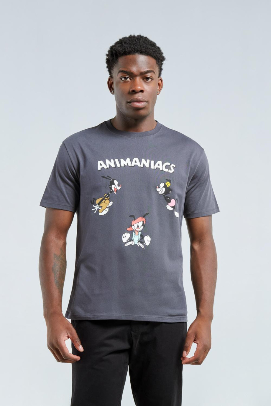 Camiseta manga corta gris intensa con diseño de Animaniacs en frente