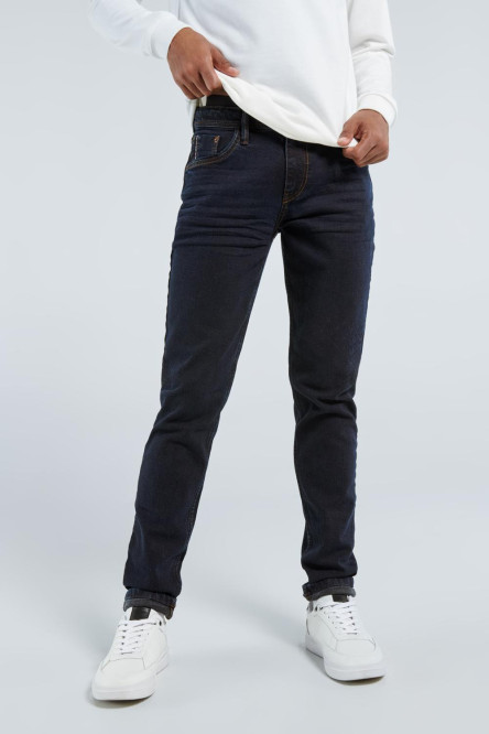 Jean skinny tiro bajo azul intenso con ajuste ceñido y costuras cafés