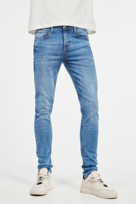Jean tiro bajo súper skinny azul con costuras en contraste
