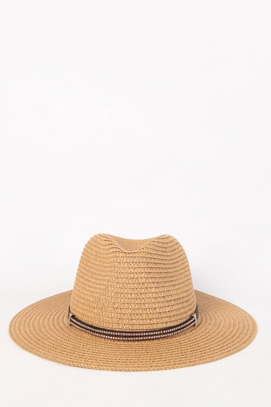 Sombrero kaky claro tejido con ala plana y lazo decorativo