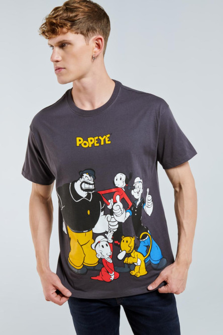 Camiseta manga corta gris intenso con estampado de Popeye.