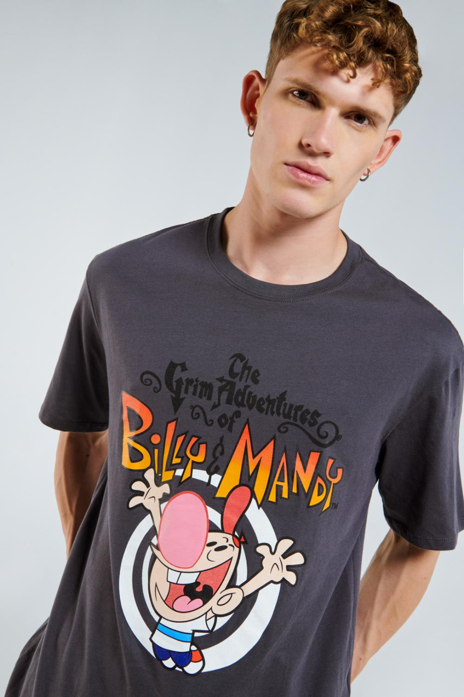 Camiseta gris intensa oversize con cuello redondo y diseño de Billy & Mandy