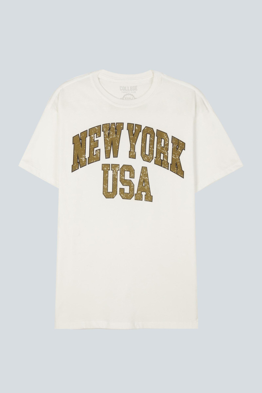 Camiseta crema clara con diseño college de New York y cuello redondo