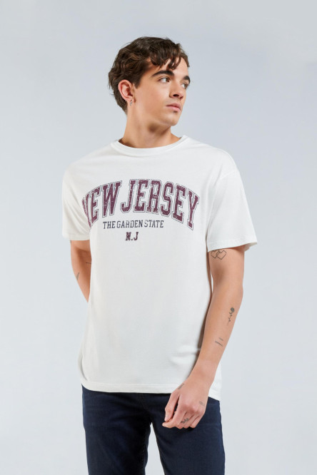 Camiseta crema clara con diseño college de New Jersey