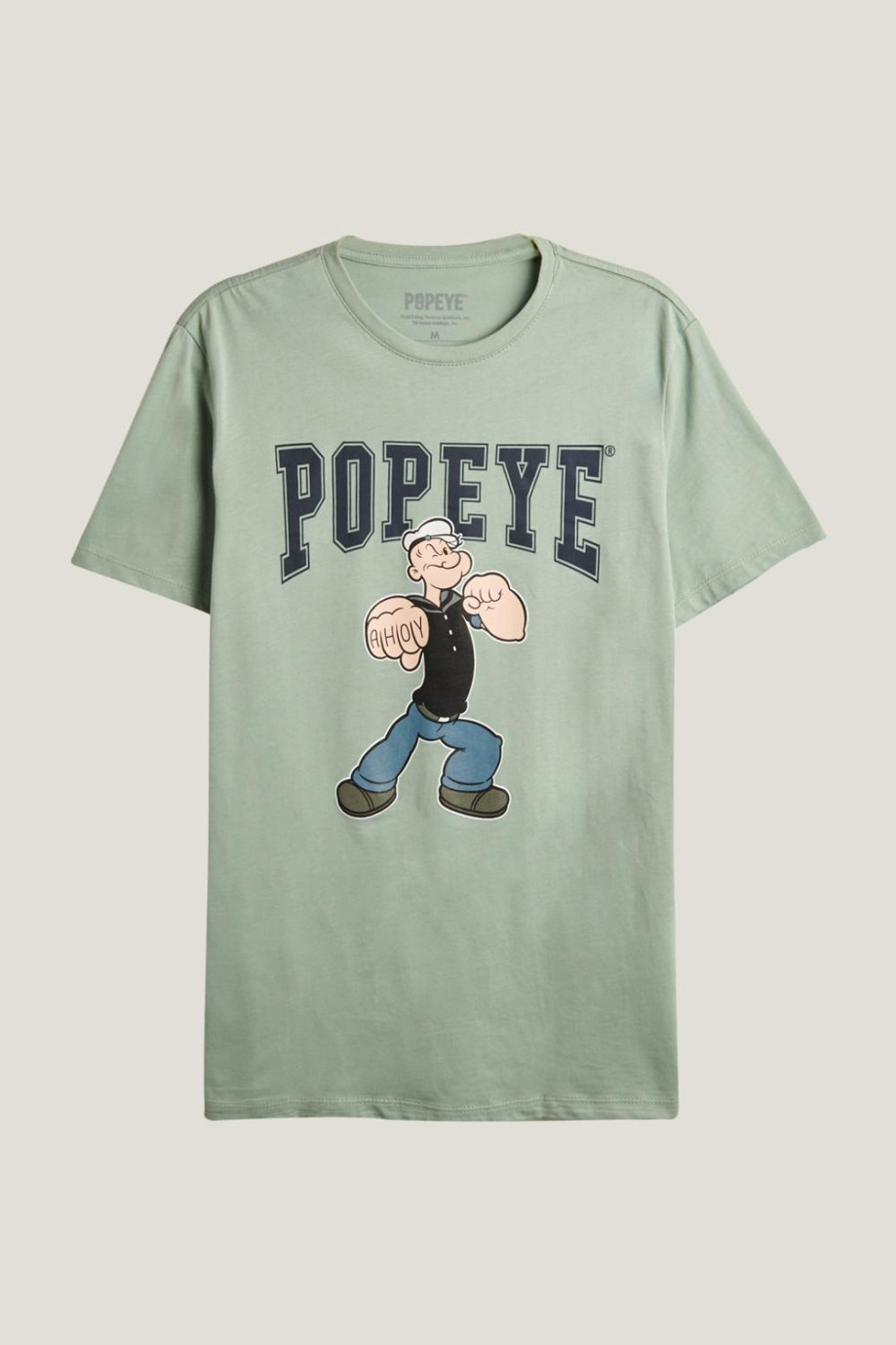 Camiseta verde clara con diseño de Popeye en frente y manga corta