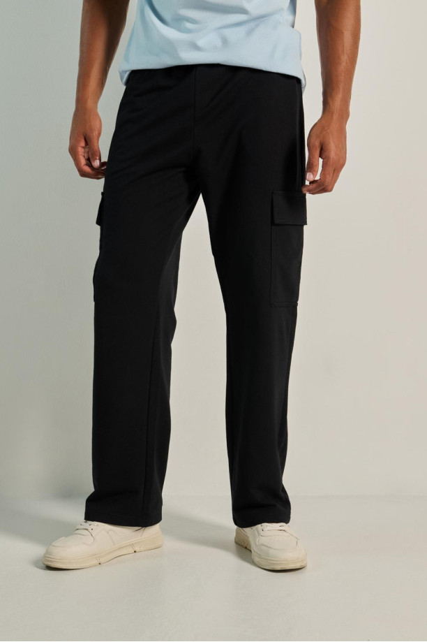 Bolsillo Jeans Cargo Negro Hombre Pantalón Unicolor Jogger Cargo