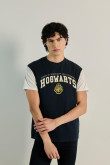 Camiseta azul con diseño de Hogwarts y cuello redondo