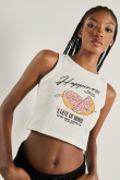 Camiseta unicolor estampada crop top con manga sisa