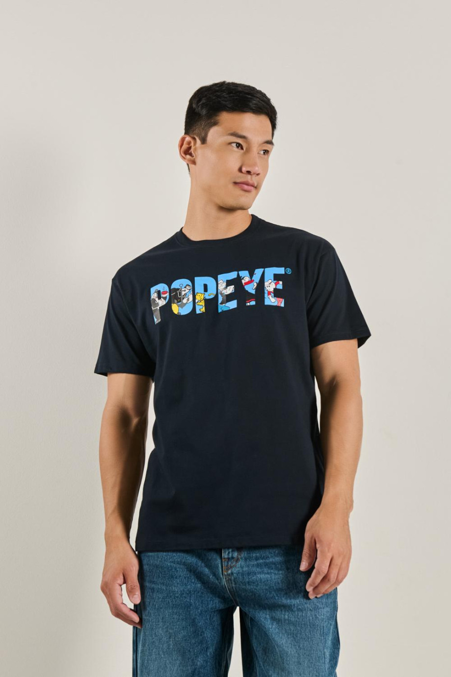 Camiseta azul intensa con diseño de Popeye y cuello redondo