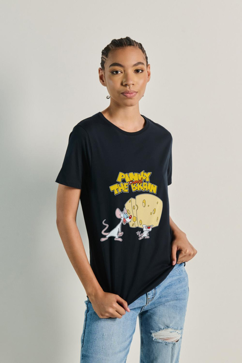 Camiseta unicolor manga corta con diseño de Pinky y Cerebro