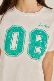 Camiseta crema clara crop top con diseño college verde