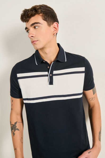 Camiseta unicolor polo manga corta con franjas en contraste