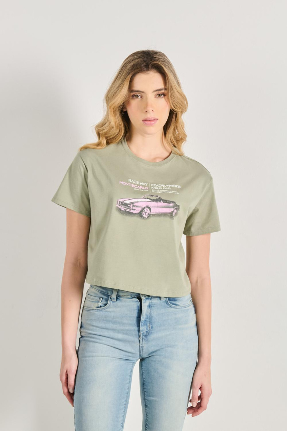 Camiseta crop top unicolor en algodón con estampado racer