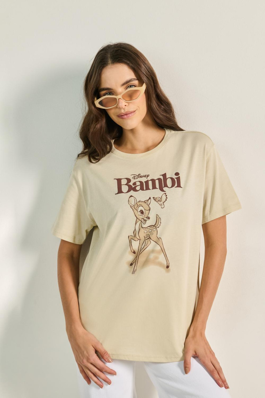 Camiseta kaki clara manga corta con estampado de Bambi