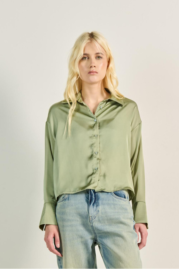 Button Down Crop Top Corto Manga Larga Blusa Oversize Unicolor