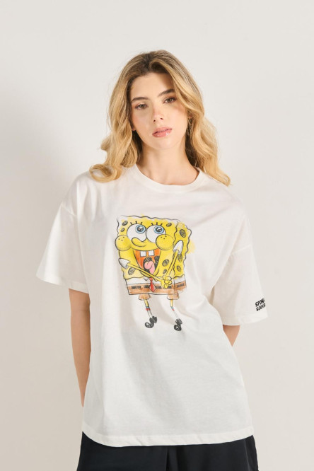 Camiseta oversize crema manga corta con arte de Bob Esponja