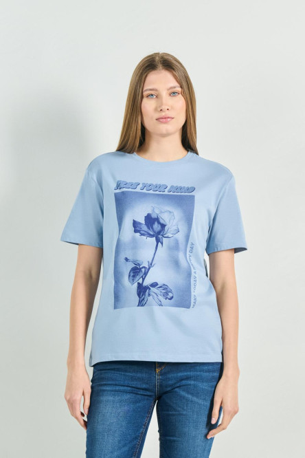 Camiseta para mujer manga corta, unicolor, hombro rodado, estampado en frente
