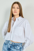 Blusa crop top unicolor con manga larga y botones